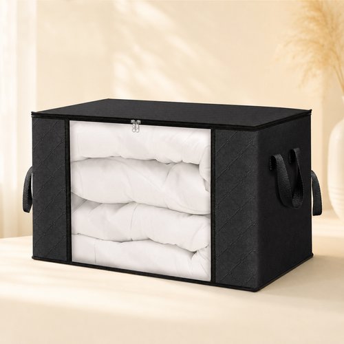 Black 90L foldable storage bag with clear front window for clothes and bedding