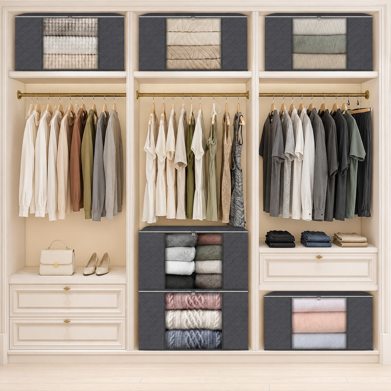 90L foldable storage bags used for closet organization with clothes and folded textiles