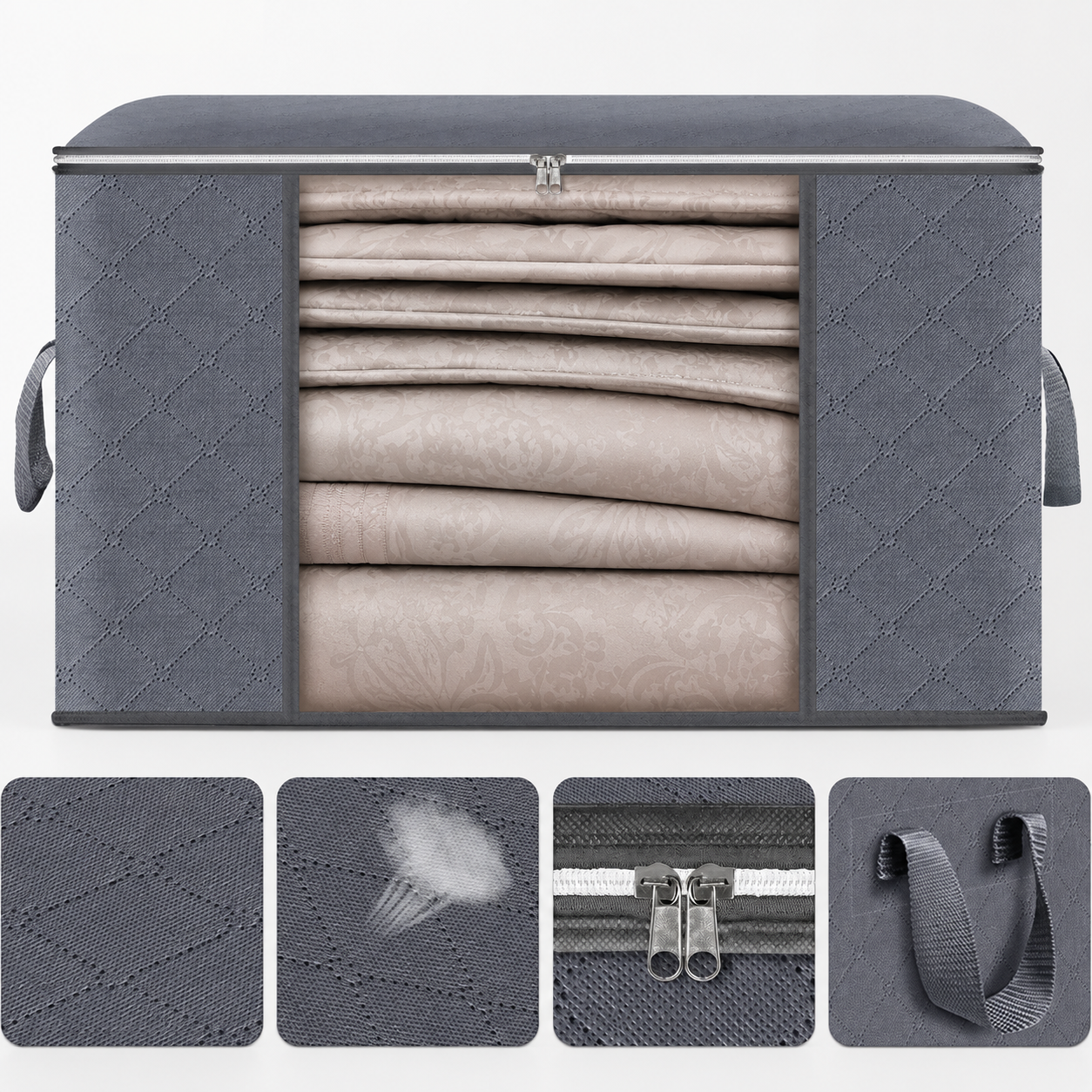 90L foldable storage bag details with zipper, handles, clear front window, and fabric texture