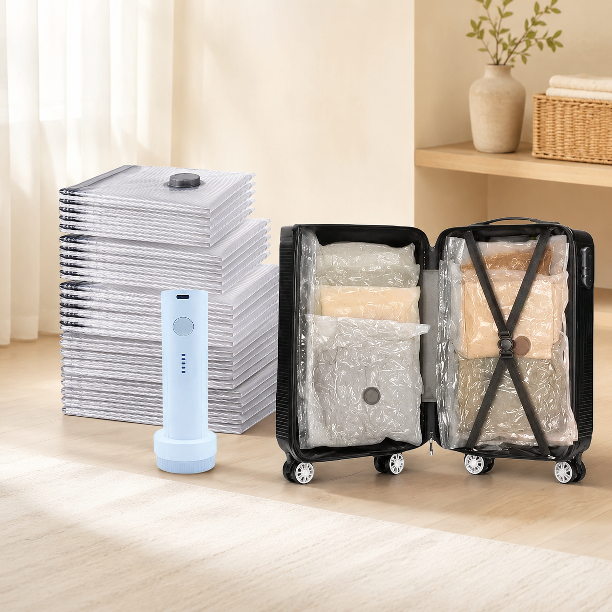 Vacuum storage bags and electric pump for suitcase packing