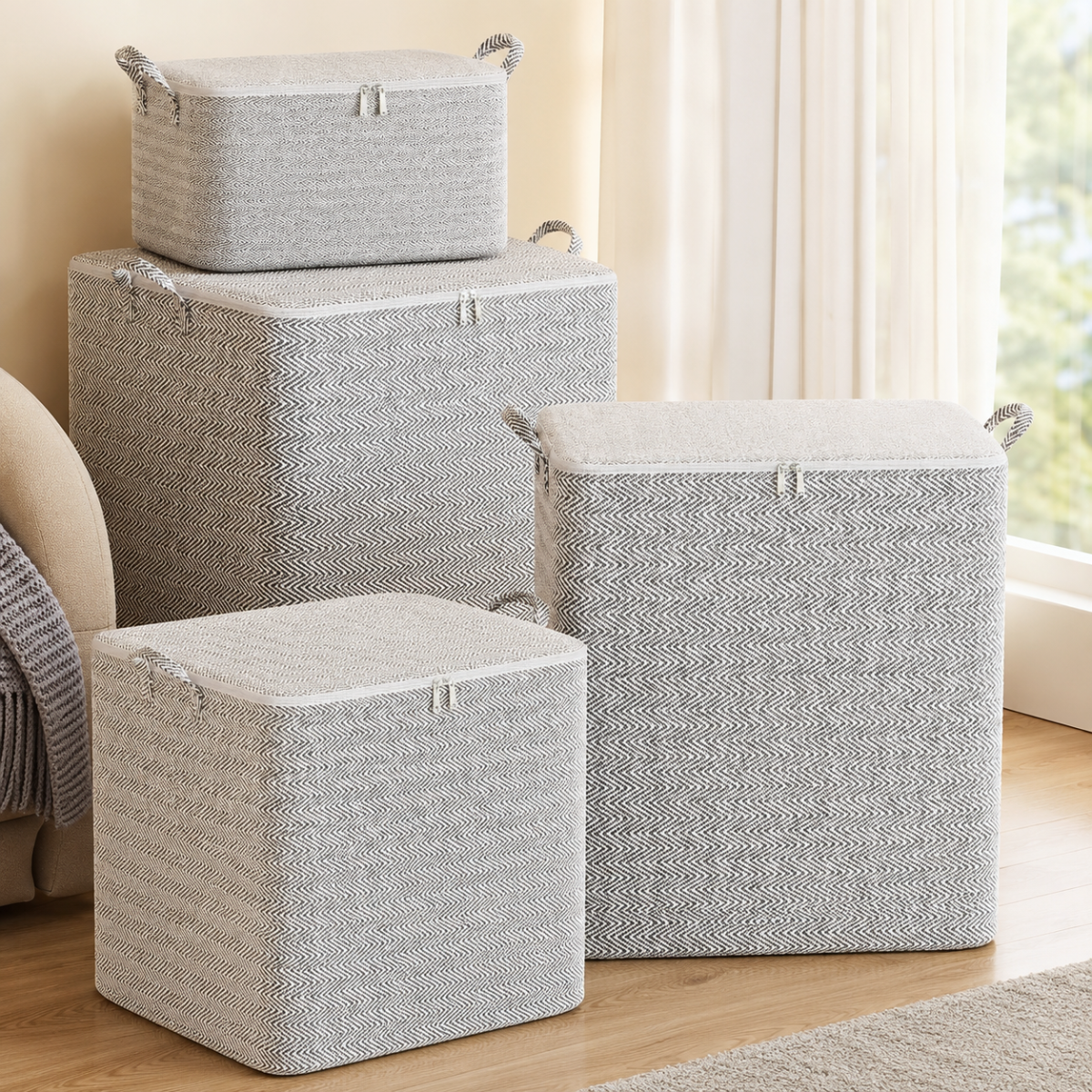 Four grey foldable zippered storage bags illustrating the available capacity options for clothes and bedding