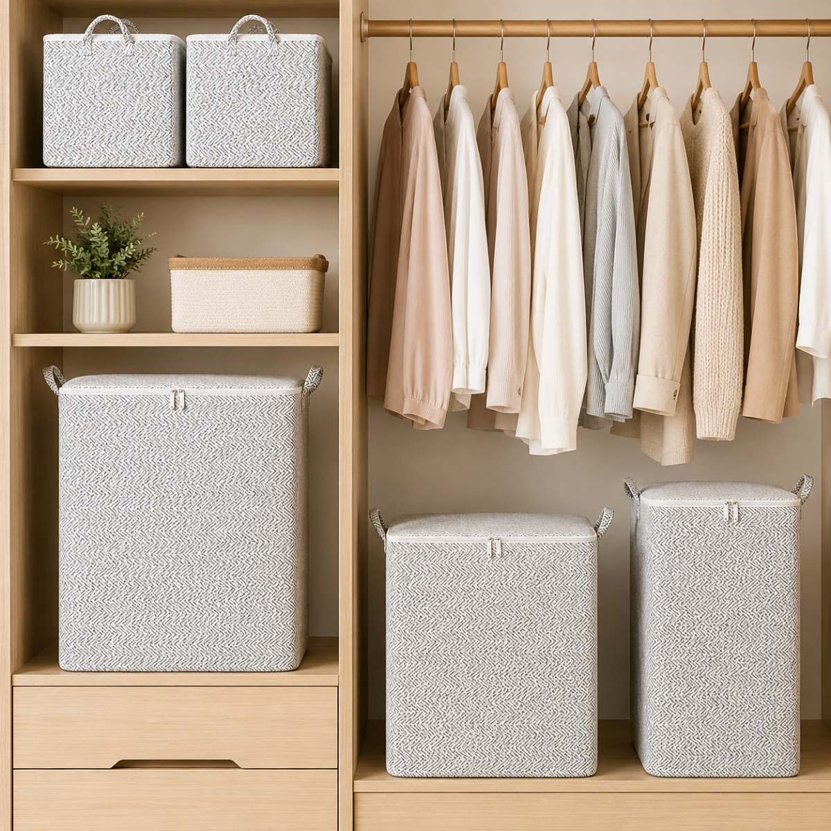 Grey foldable zippered storage bags arranged in a wardrobe with hanging clothes for closet organization