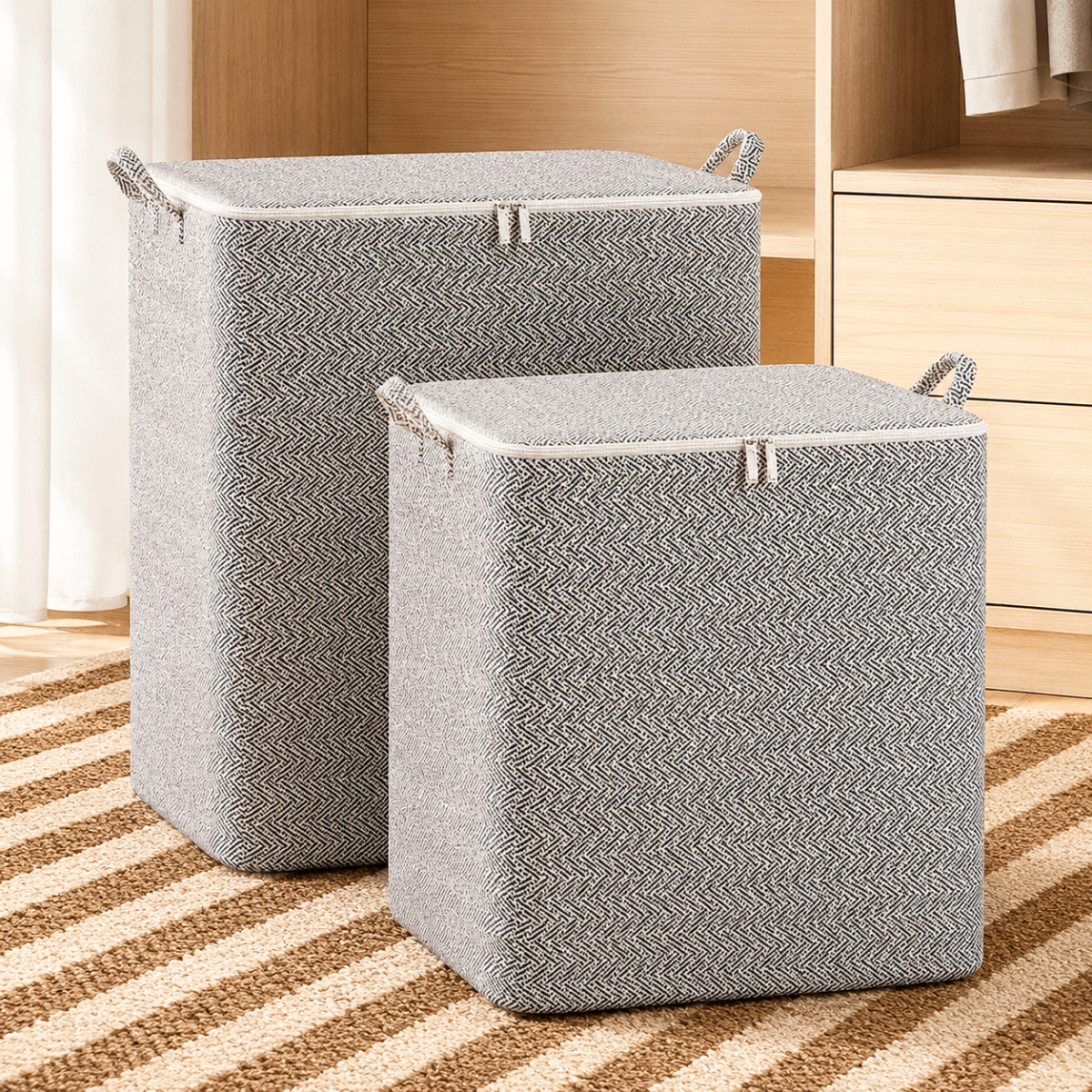 Grey foldable zippered storage bags shown in two size options in a warm closet setting