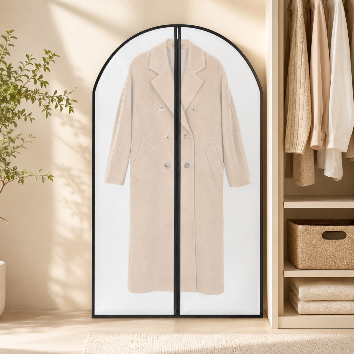 Black trim garment dust cover with beige coat in a warm closet setting