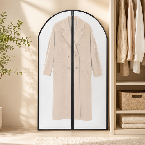 Black trim garment dust cover with beige coat in a warm closet setting