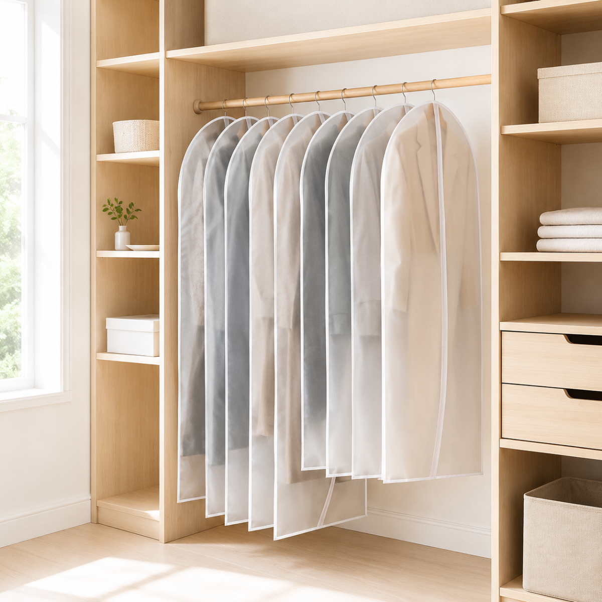 Translucent garment dust covers hanging in a bright organized closet