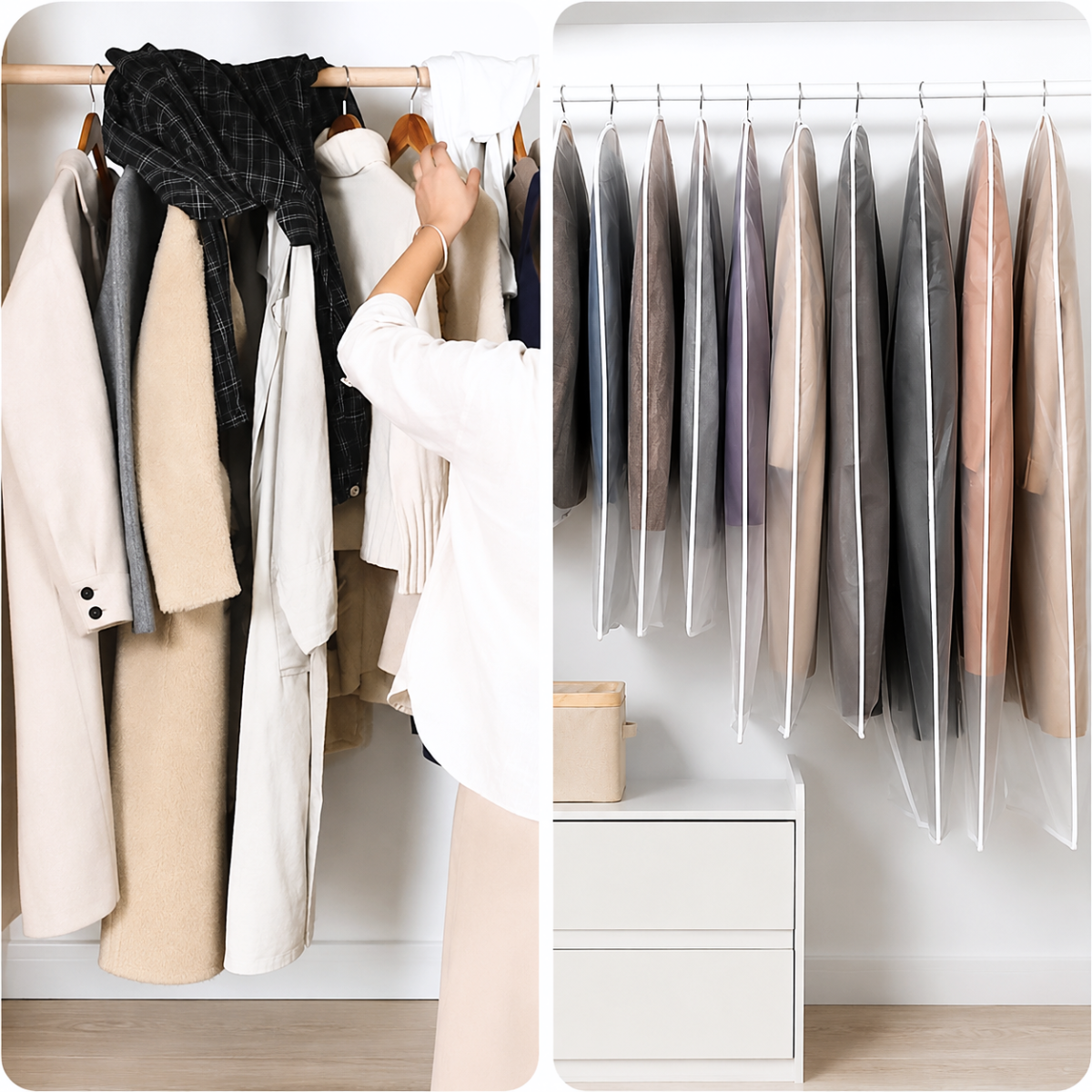 Closet comparison showing clothes before storage and garments protected with dust covers