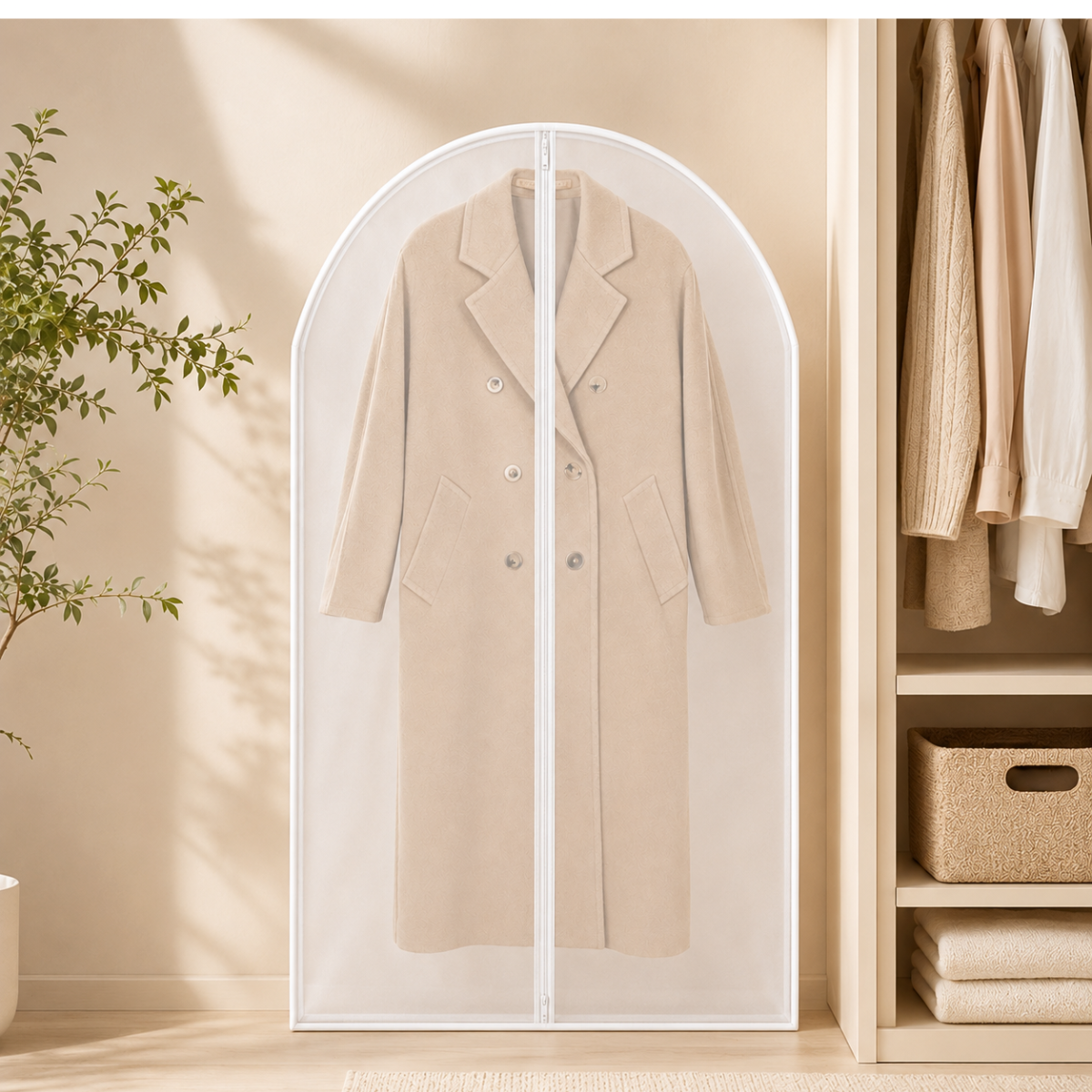 White trim garment dust cover with beige coat in a warm closet setting