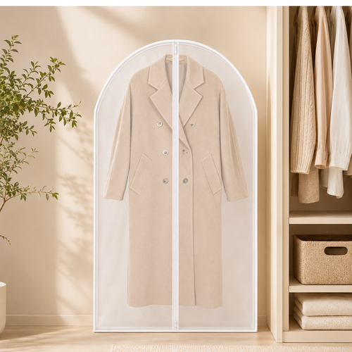 White trim garment dust cover with beige coat in a warm closet setting